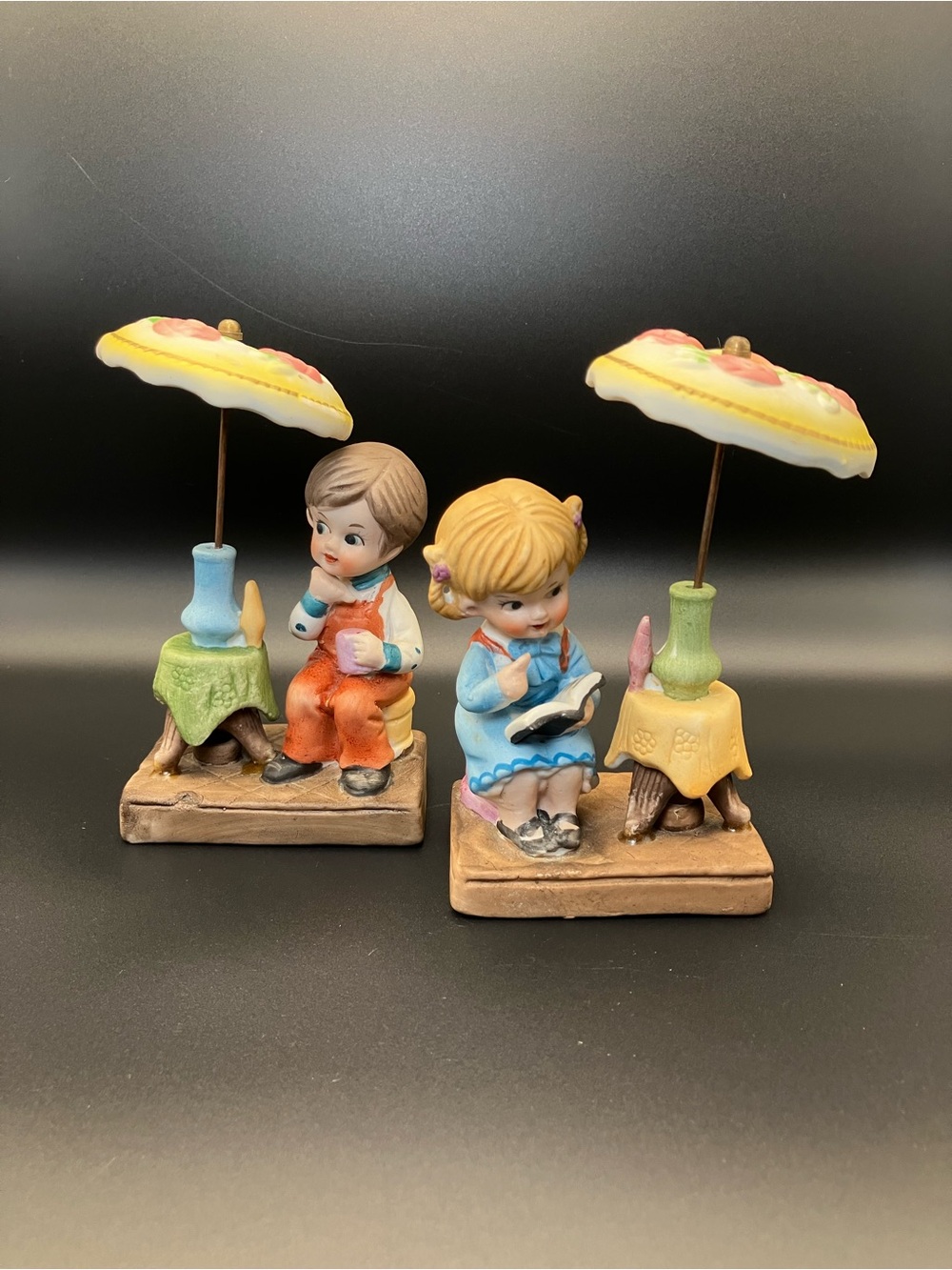 Vintage Lego Ceramic Boy and Girl Figurine Pair with Umbrellas - Pastel Colors